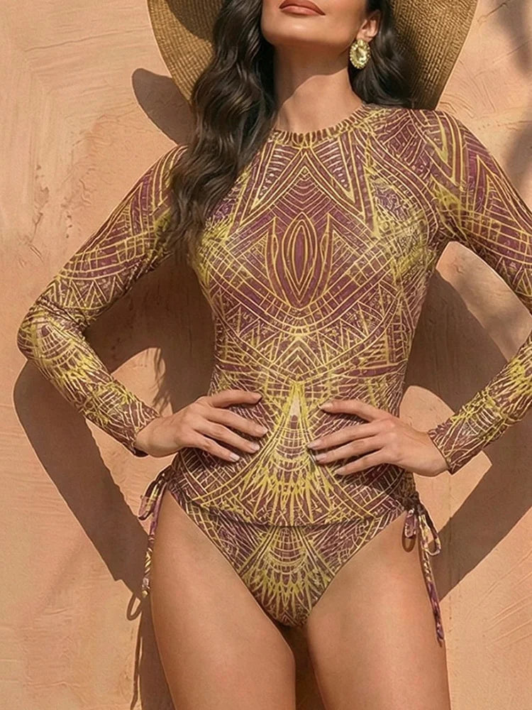 Bohemian-style mesh women's swimsuit with intricate details, perfect for beachwear and summer fashion.