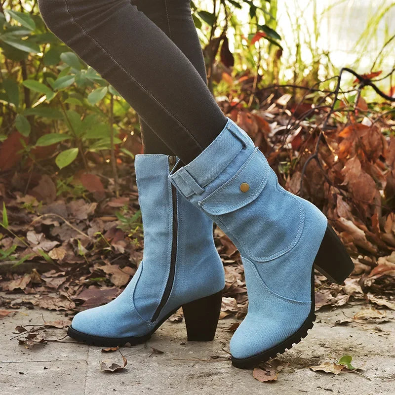 Botas De vaquero para Mujer, Zapatos individuales De tacó, diseño moderno en color azul, altura de tacón de 5-8cm.