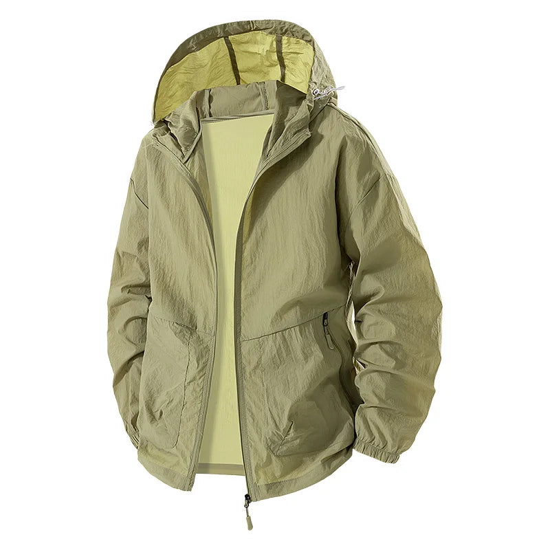 Men's summer hiking jacket with UPF 50+ protection, lightweight outdoor jacket from Corporación Turística, shown in navy blue.