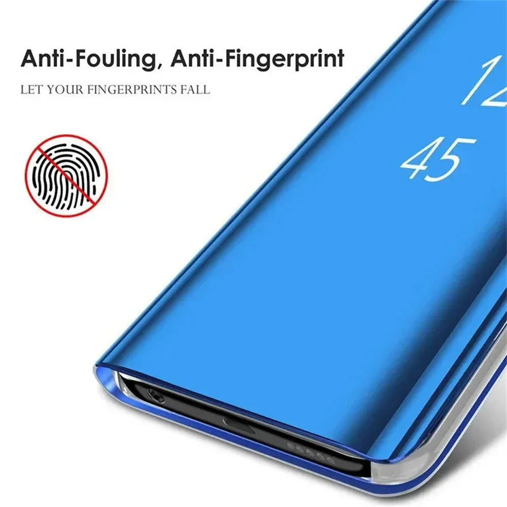 Leather flip phone case with mirror cover for Samsung smartphones, featuring a sleek and protective design.