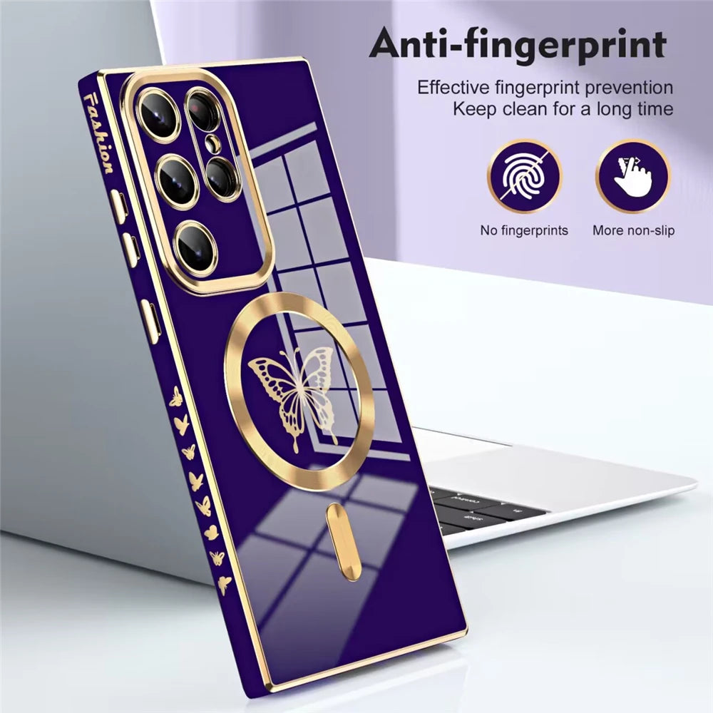 Magnetic electroplated butterfly phone case for Samsung S series, featuring colorful butterfly design and sturdy protective build.