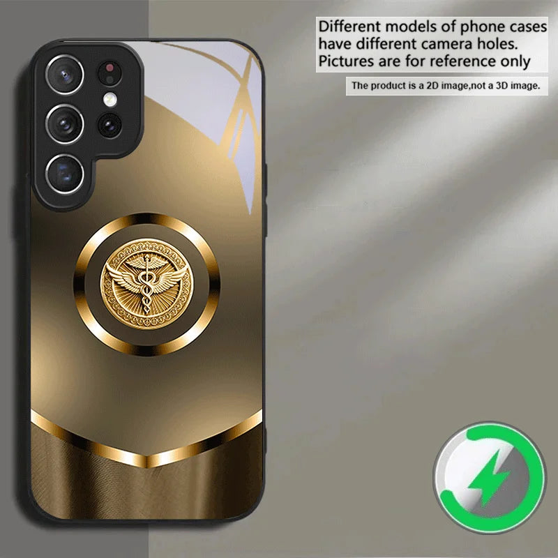 Golden gradient glass phone case for smartphones, with a sleek, transparent design and elegant drag pattern.
