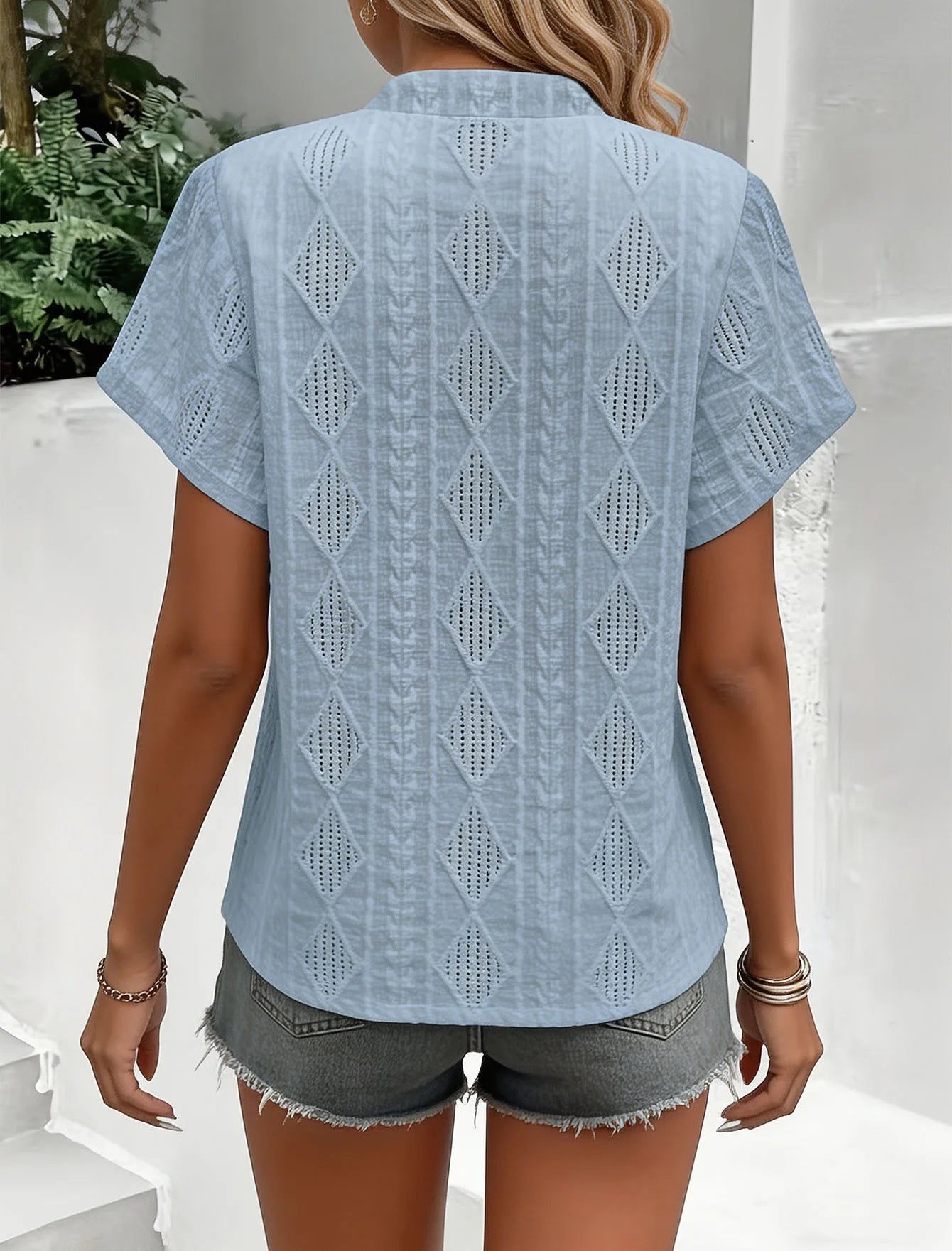 Camiseta Jacquard Mujer Cuello Redondo Casual Suave Uso Diario
