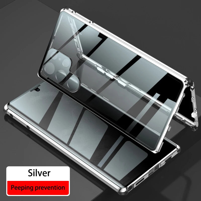 Magnetic metal phone case for Samsung S26, S25, S23, and S24 by Corporación Turística, shown on a sleek smartphone.