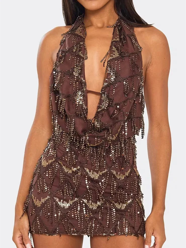 Vestido Mini Halter con Lentejuelas para Mujer, Cuello Ha...