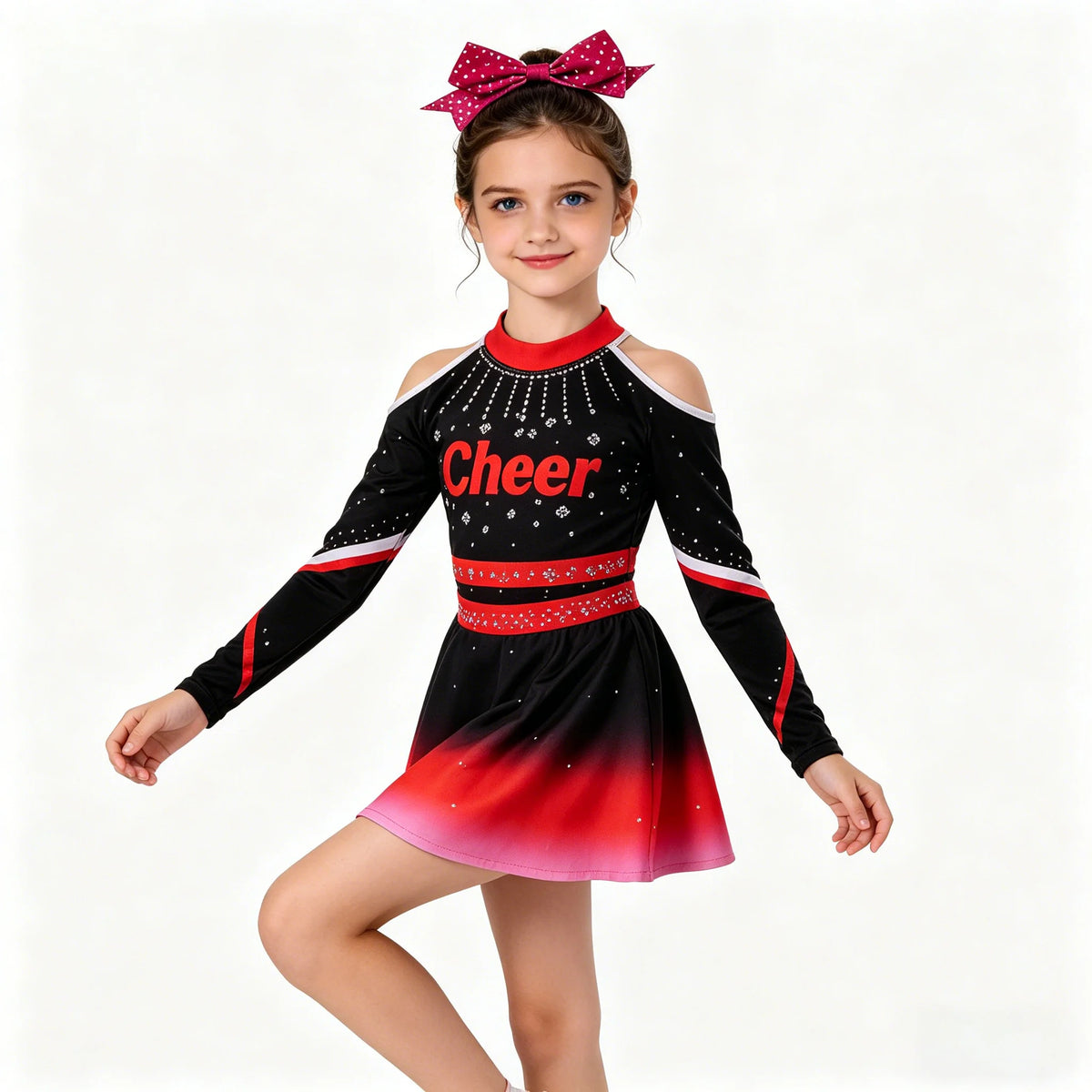 Colorful cheerleader costume for girls with rhinestone embellishments and a gradient design, made by Corporación Turística.