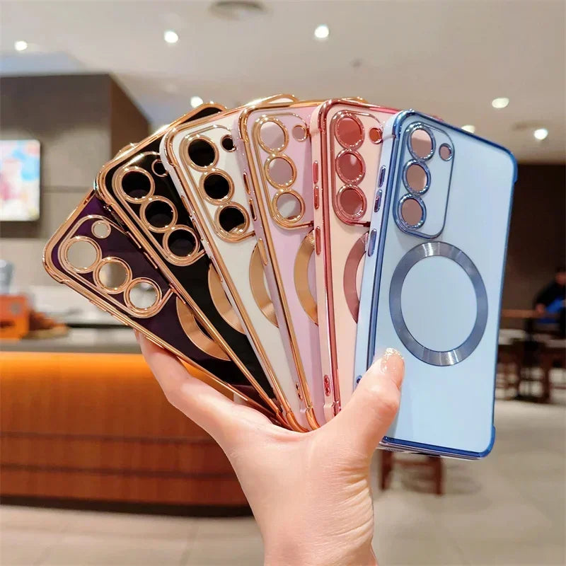 Magnetic gold-plated phone case for Samsung Galaxy S26 by Corporación Turística, showing the sleek, shiny exterior and magnetic closure.