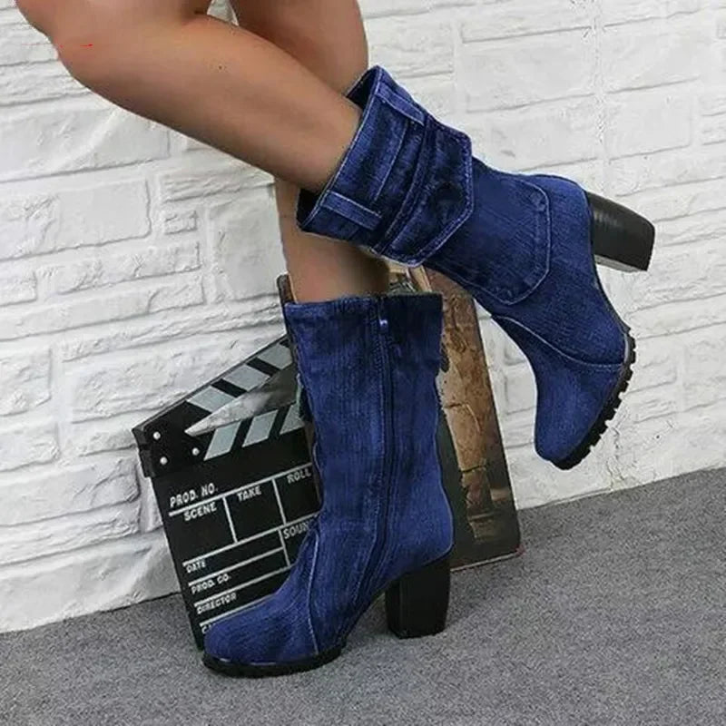 Botas De vaquero para Mujer, Zapatos individuales De tacó en color azul marino con tacón alto y estilo británico.