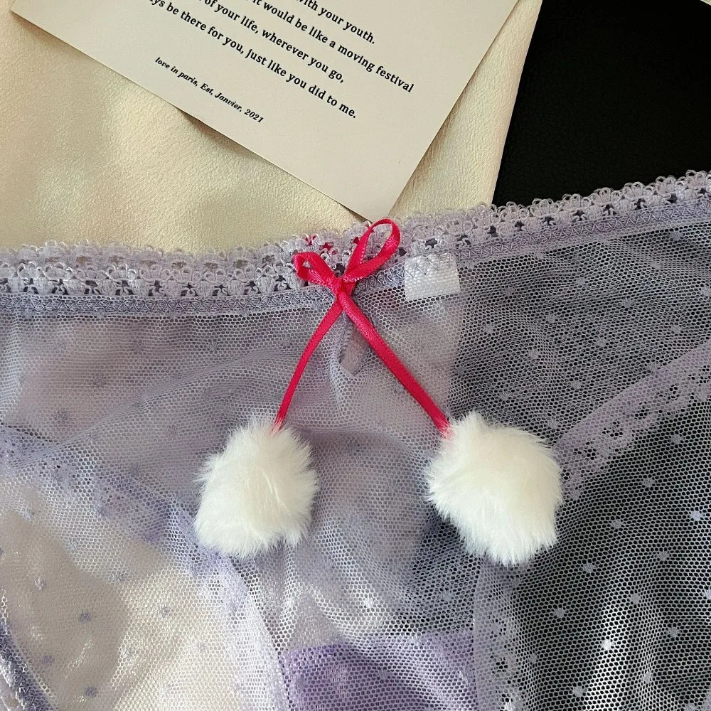 Transparent mesh panties with decorative bow, stylish lingerie from Corporación Turística, showing intricate lace and delicate fabric.