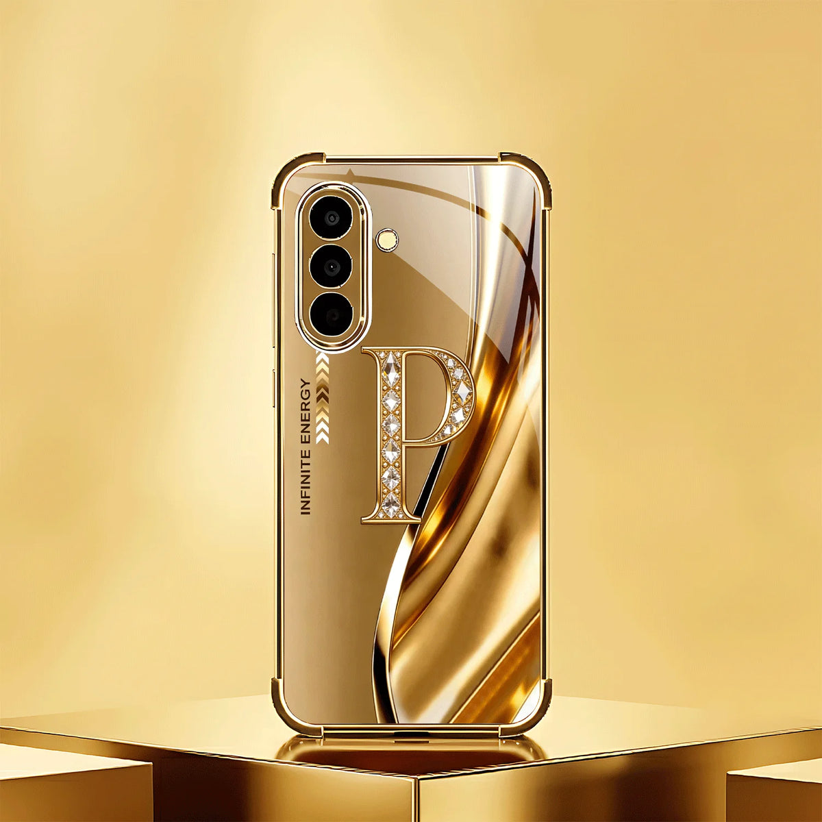 Gold letter "P" phone case with crystal accents on corners for Samsung Galaxy S series, offering lens protection and stylish design.