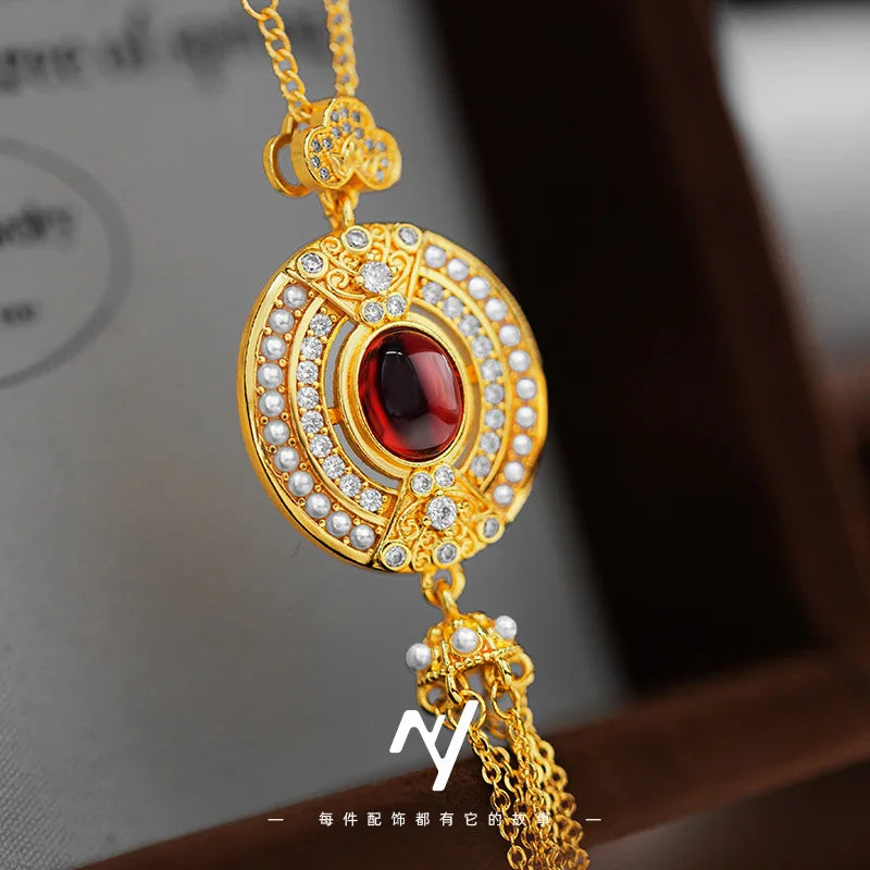 Collar de clavícula con borla de rubí ovalado para mujer,...