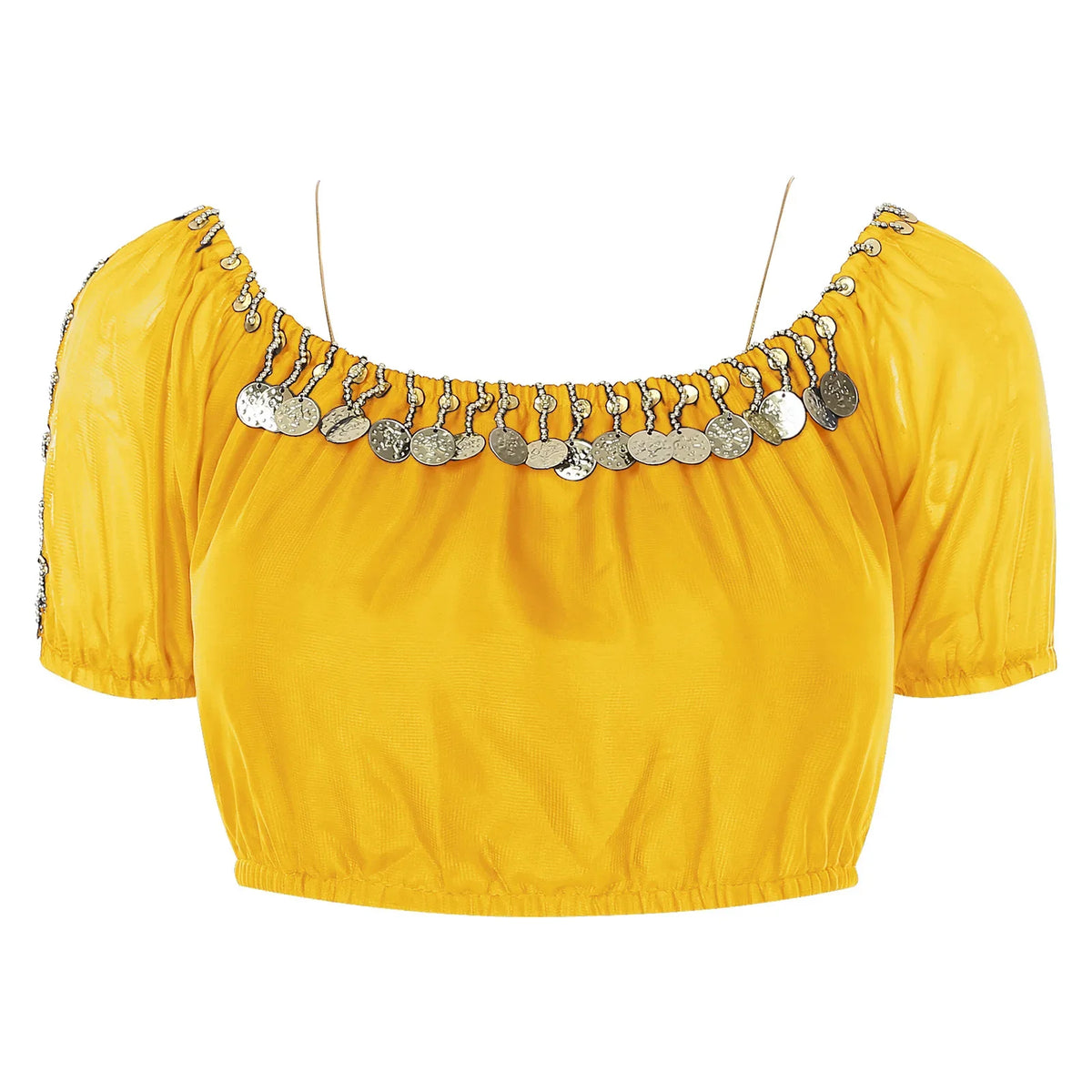 Shiny short sequin top for women with an oriental-inspired design, featuring vibrant beads and intricate detailing.