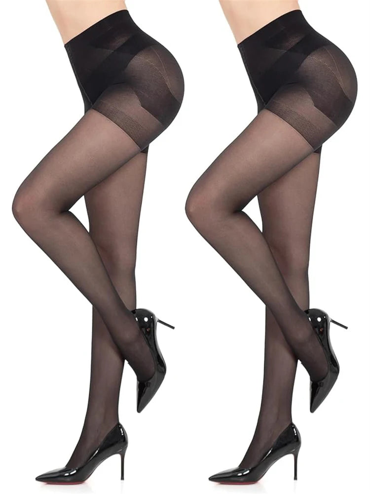 Transparent 40D women's hosiery by Corporación Turística, black sheer pantyhose, close-up of smooth, lightweight fabric and reinforced toe.