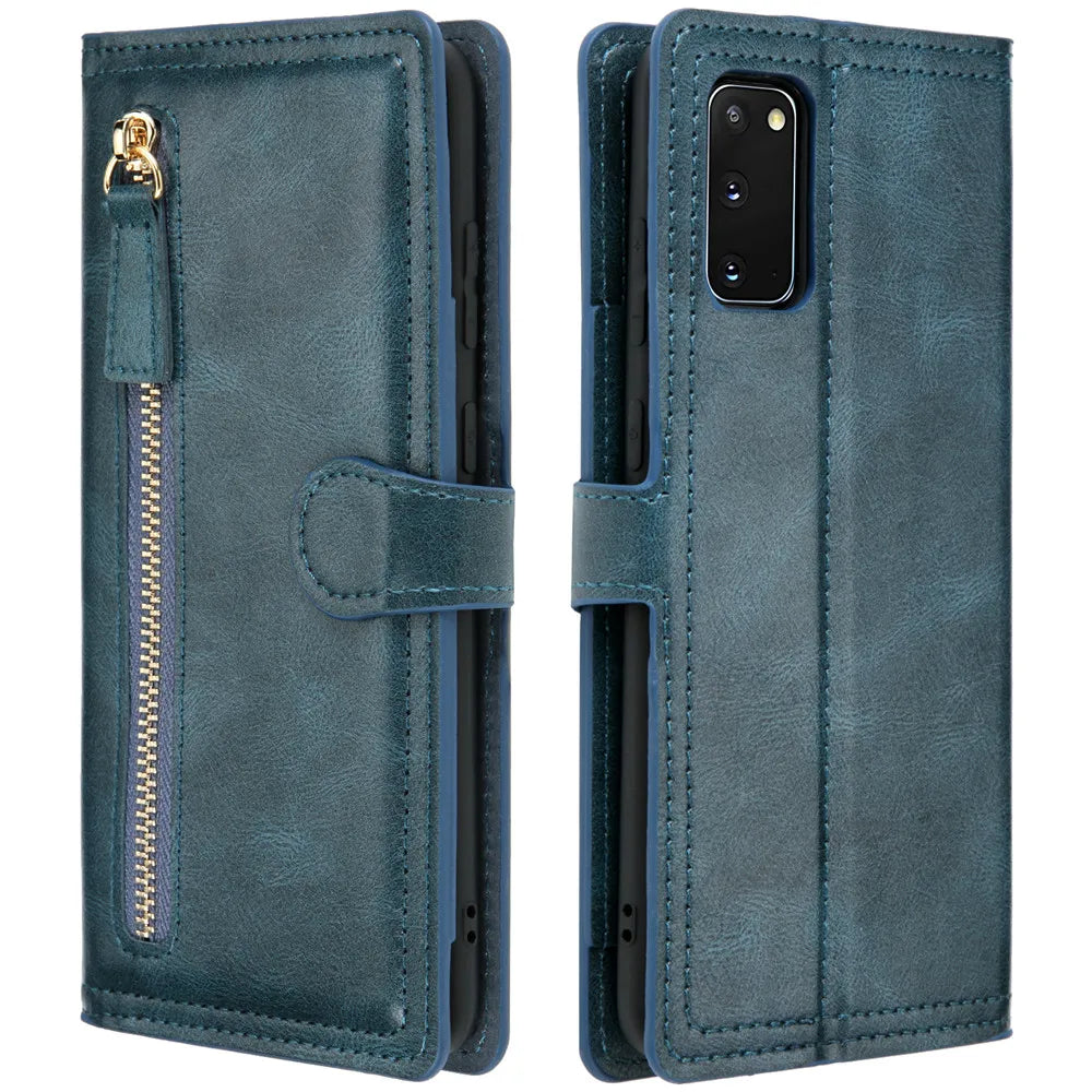 Luxury leather wallet phone case with zipper and cover for Samsung Galaxy S20 FE, Note 20 Ultra, S21, S22, and S23 Ultra.