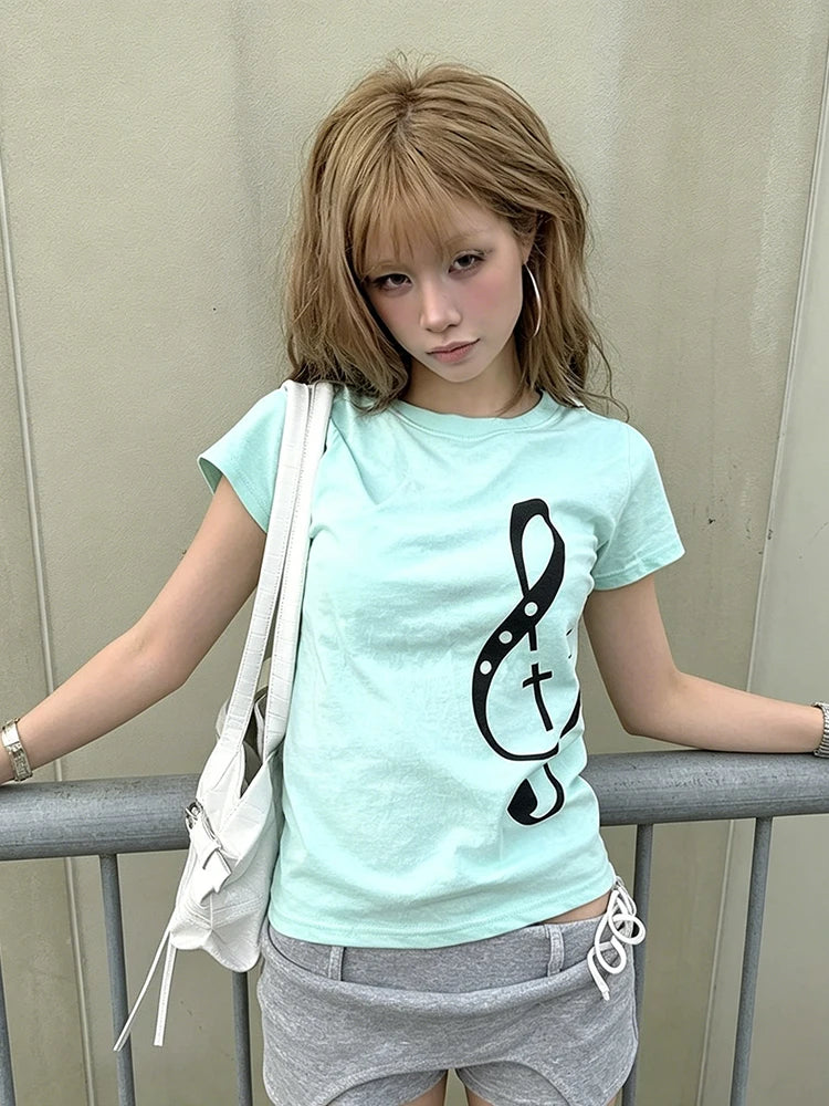 Camiseta Notas Musicales Mujer Harajuku Y2K Algodón Suave Verano