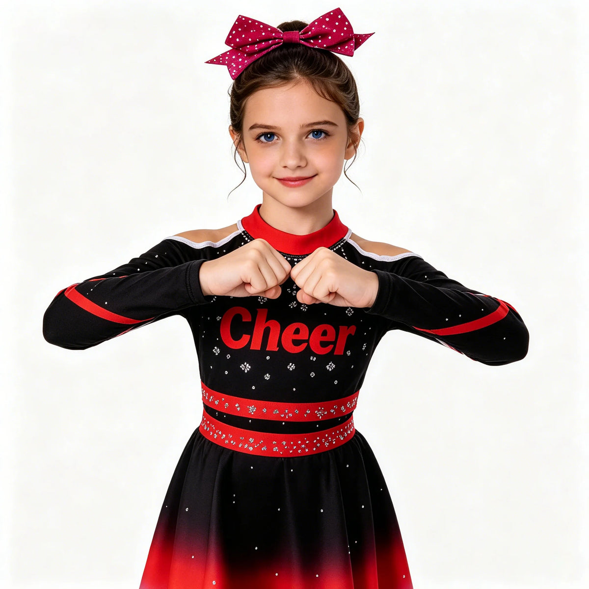Niña con traje de animadora de Corporación Turística, con pedrería y degradado, mostrando el vestido brillante y elegante