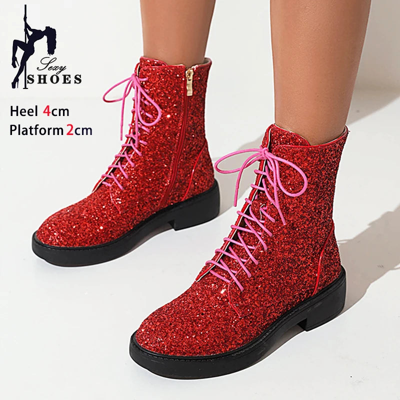 Botas cortas brillantes para mujer, zapatos informales de...