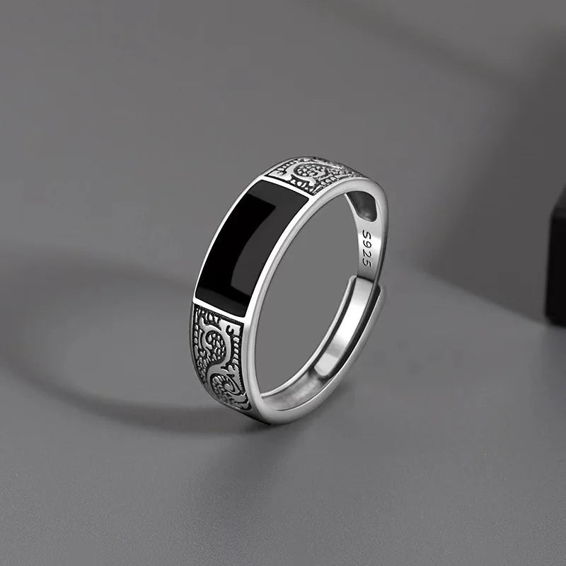 Anillo de Plata de Ley 925 para hombre, Gema negra de luj...