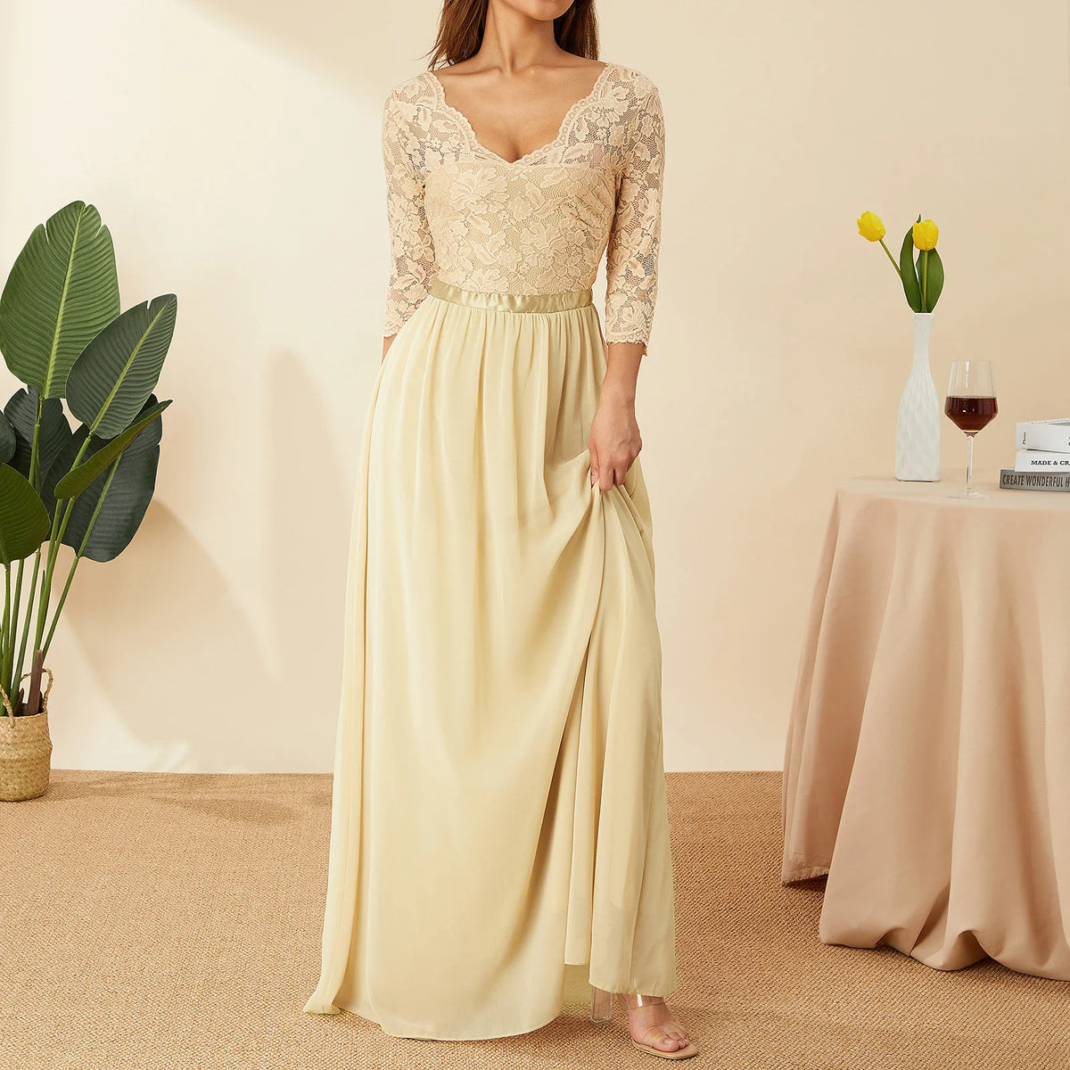 Vestidos largos elegantes de gasa de encaje, vestido de n...