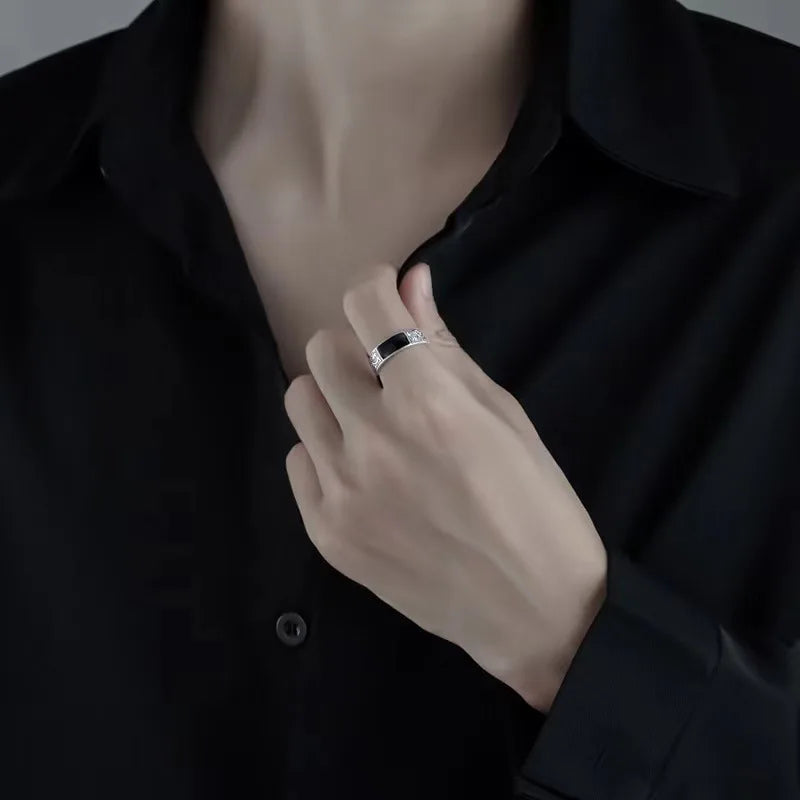 Anillo de Plata de Ley 925 para hombre, Gema negra de luj...