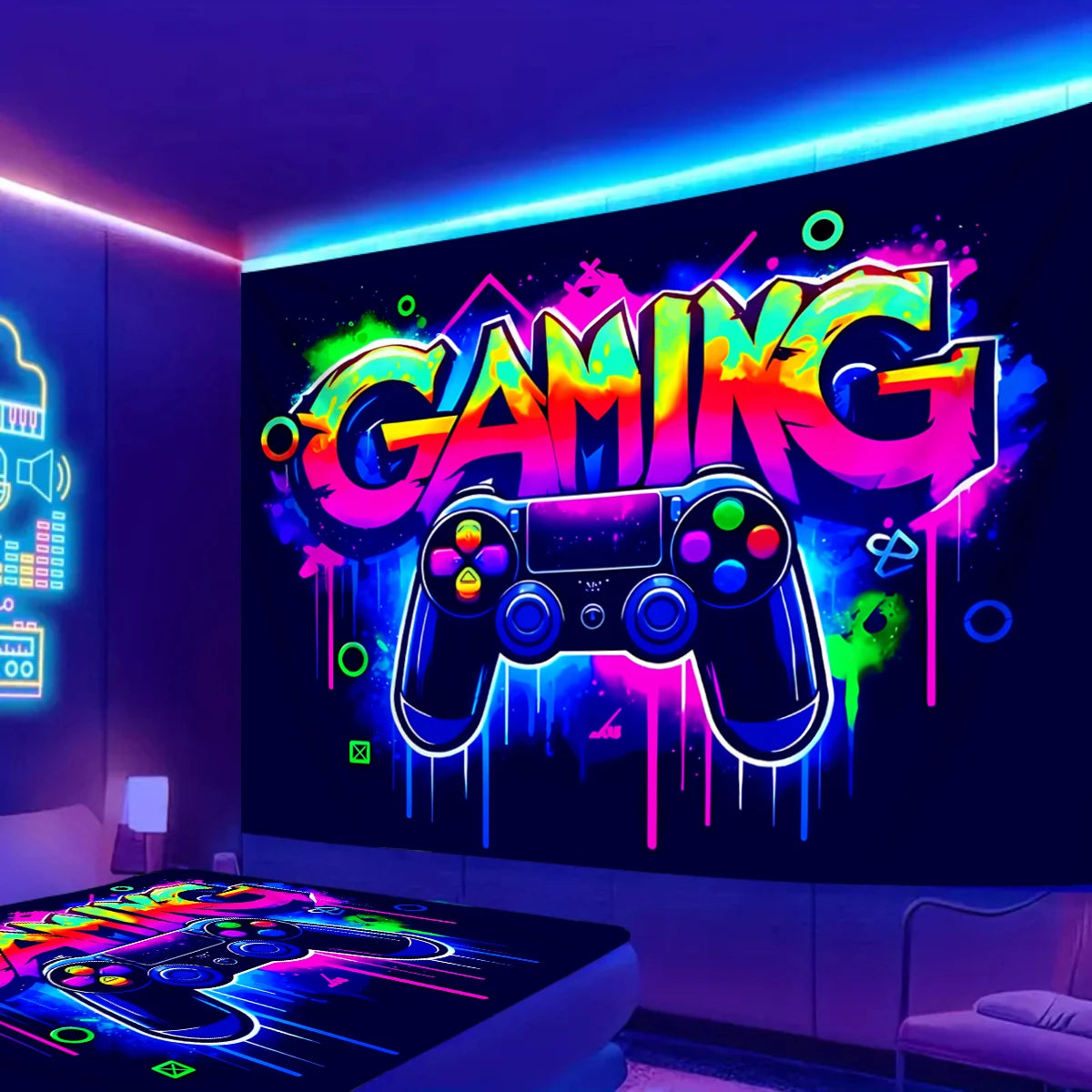 Tapiz Neón VIKAMA Videojuegos Cyberpunk Habitación Gaming