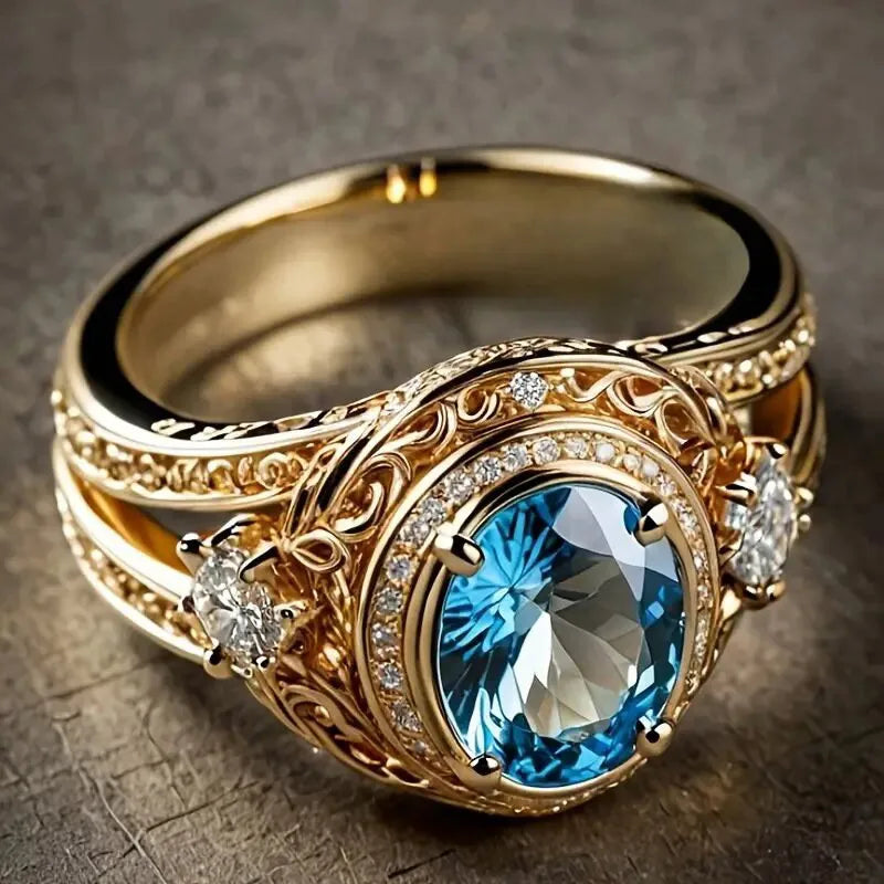 Anillo de Plata de Ley 925 con Circonita Azul, Diseño Vin...