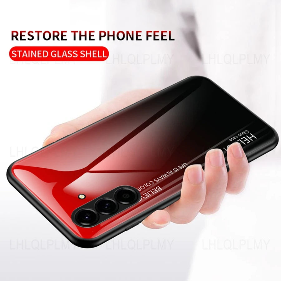 Tempered glass screen protector with gradient design for Samsung Galaxy smartphone, featuring clear, durable protection.