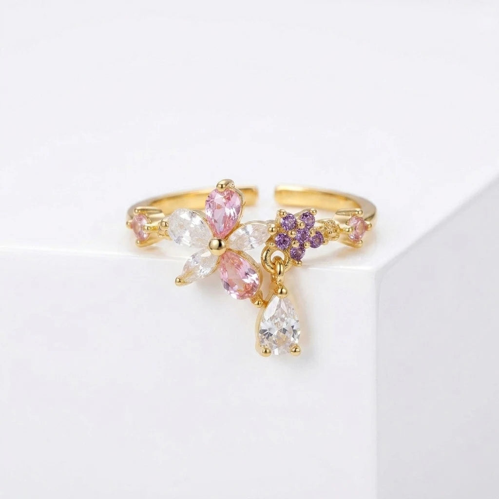 Anillo Flor Circon Colorido Ajustable Mujer Moda Vintage Regalo Joyería