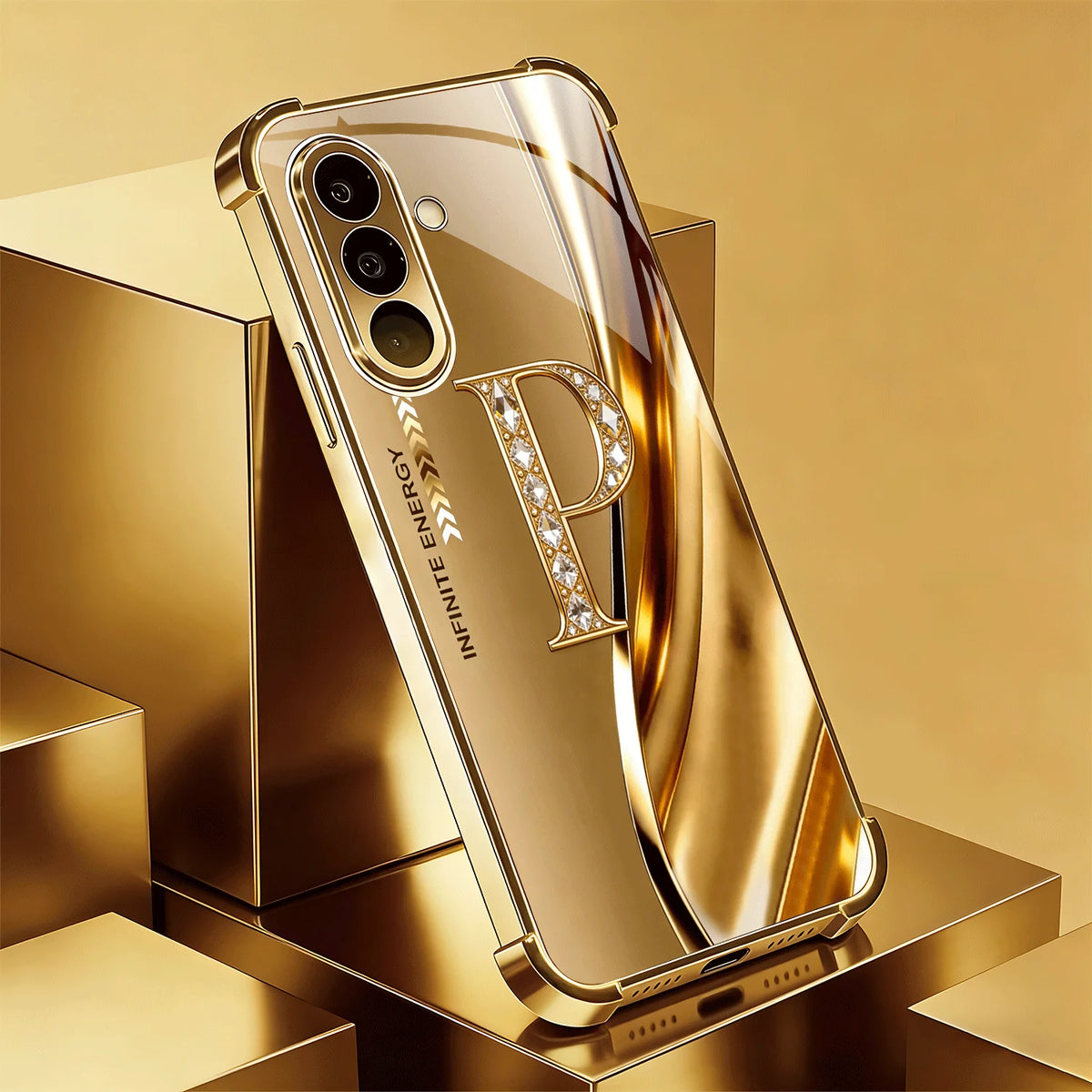 Samsung Galaxy S26/25/24/23/22 Plus Ultra FE phone case with gold letter "P" and crystal corner accents for protection and style.