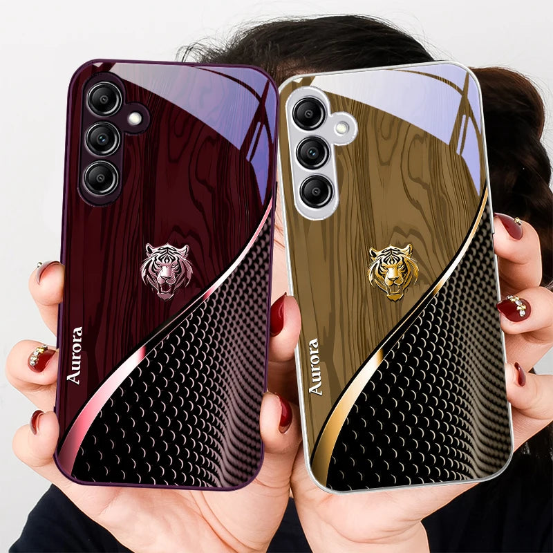 Golden tiger design glass phone case from Corporación Turística, showcasing a stylish protective cover with a tiger motif.
