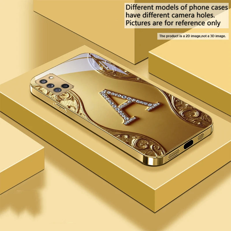 Golden crystal phone case with diamond accents from Corporación Turística, featuring a luxurious and elegant design.