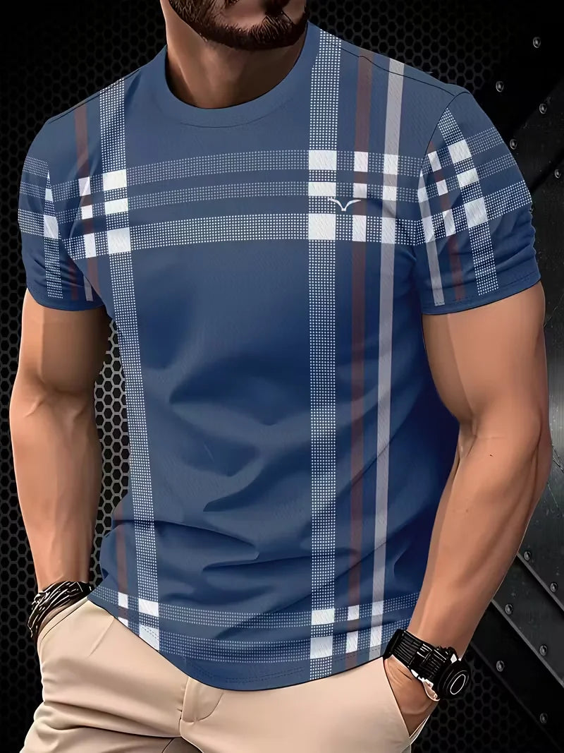 Camiseta Verano Hombre Cuadros/Rayas Beige Gris Slim Fit - Corporación Turística