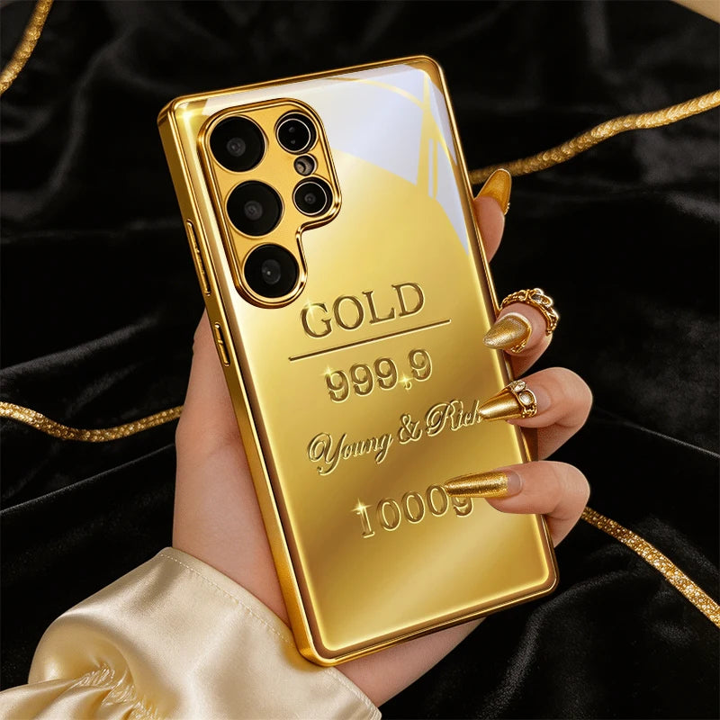 Luxury gold phone case with elegant bar design, compatible with smartphones, featuring a shiny, stylish protective cover.