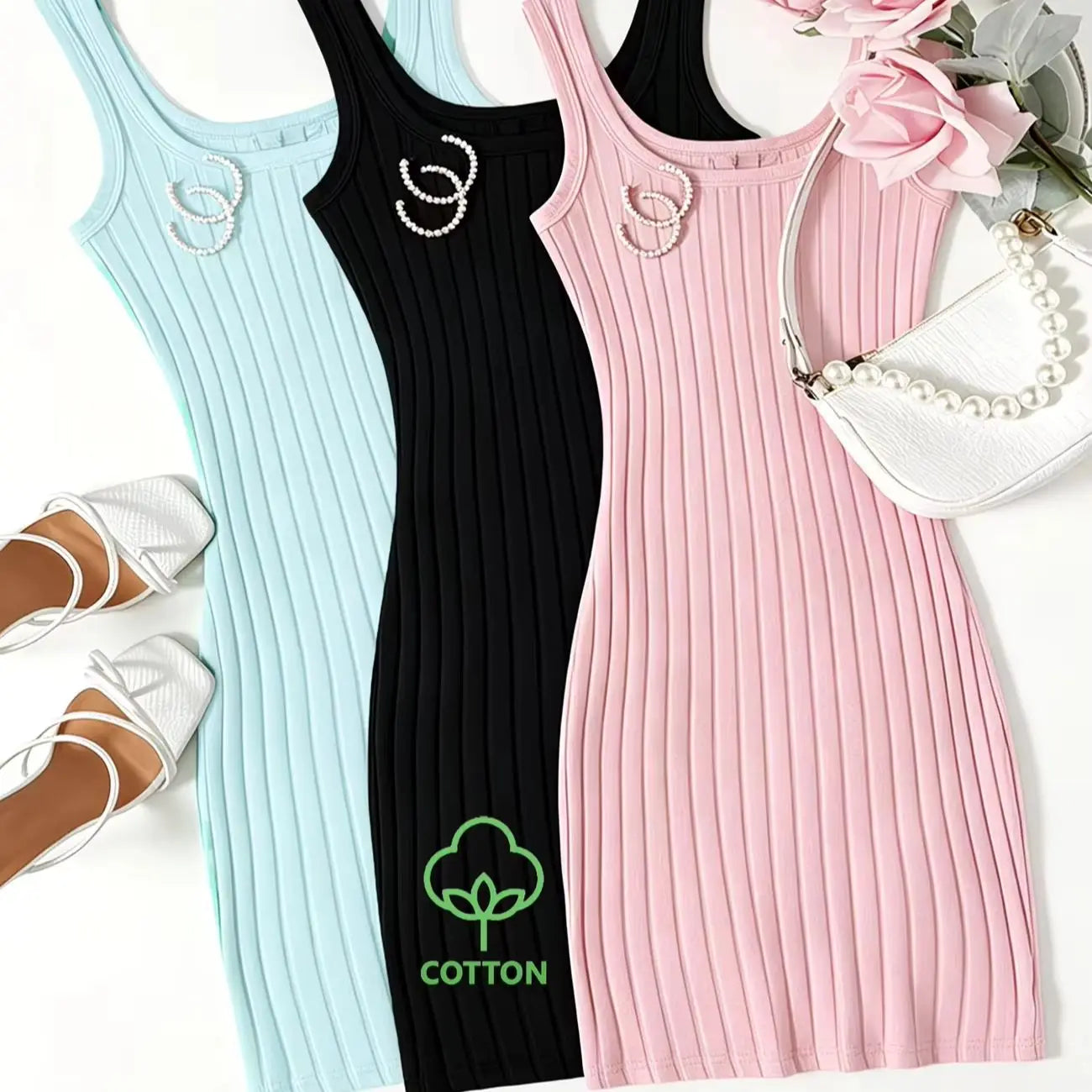 3 Vestidos Ajustados de Color Sólido con Textura Acanalad...