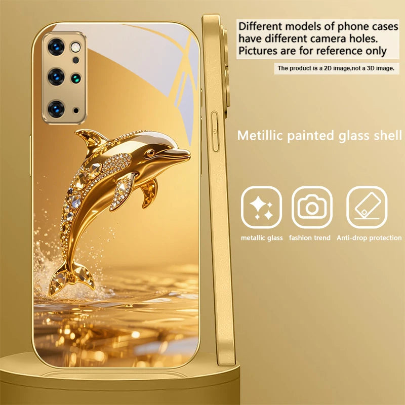 Golden dolphin phone case for Samsung Galaxy S20 FE, S21 Plus, S22, and S23 by Corporación Turística, featuring a detailed dolphin design.