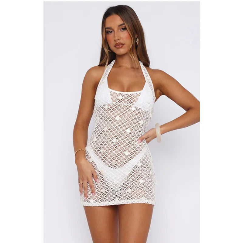Vestido playero ahuecado para mujer, vestido de ganchillo...