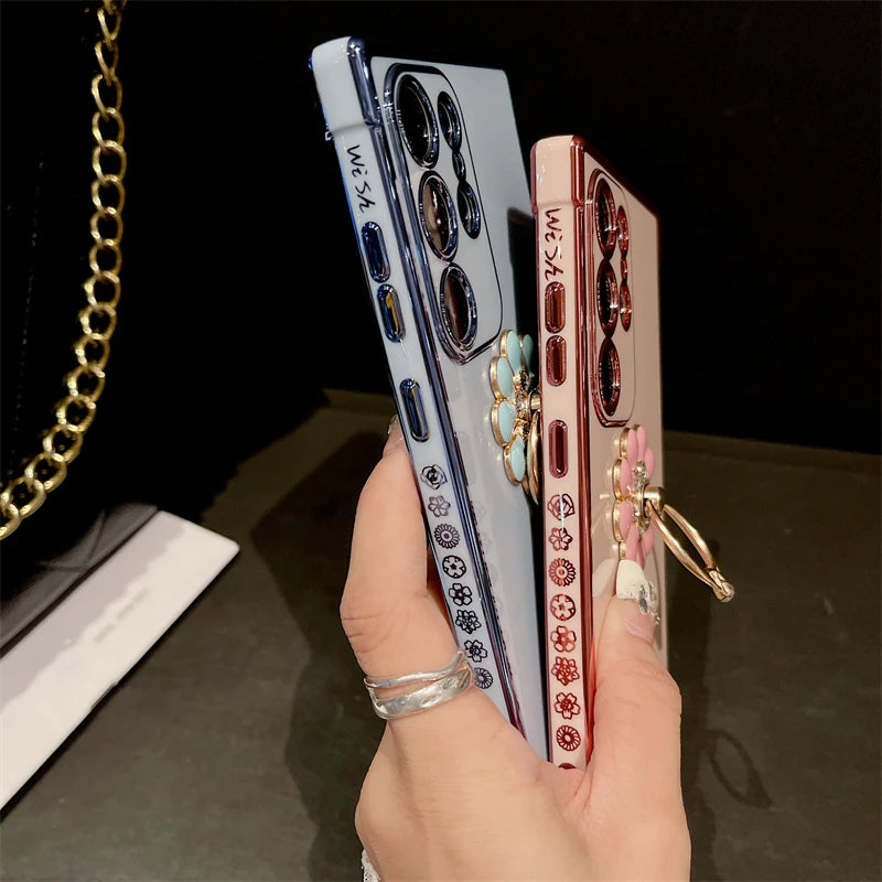 Luxury gold-plated ring case for Samsung Galaxy S24 Ultra with elegant design and protective frame, by Corporación Turística.