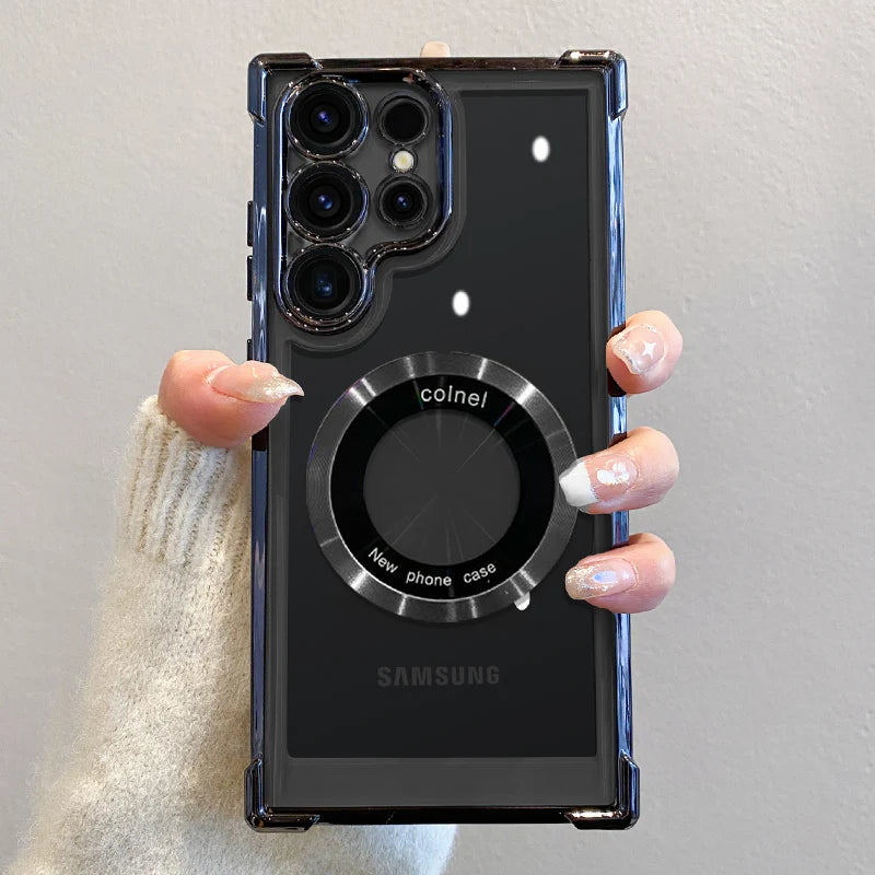 Luxury magnetic phone case with wireless charging for Samsung smartphones, featuring sleek design and secure magnetic closure.