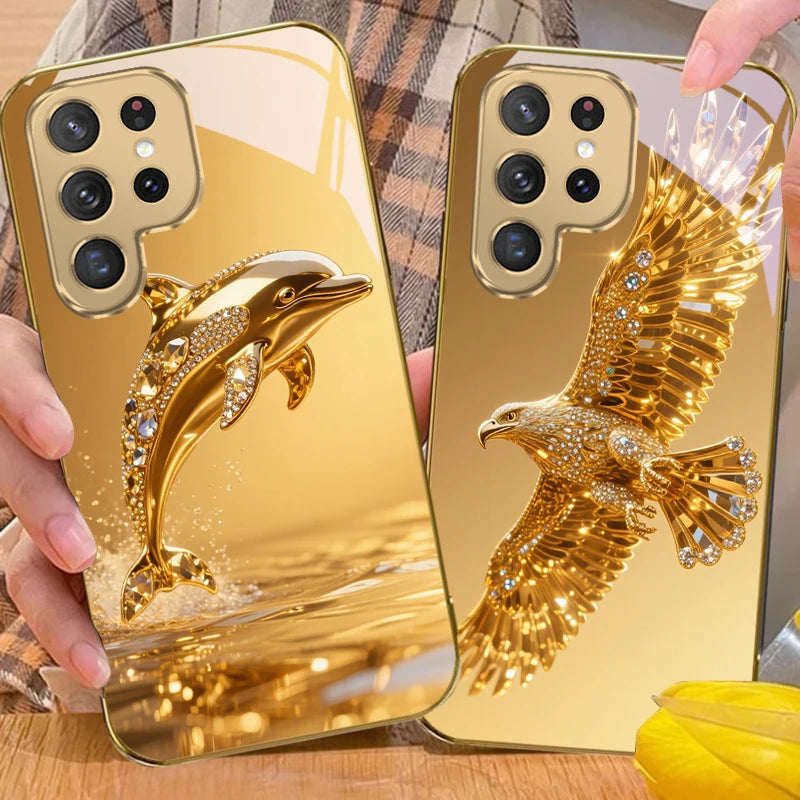 Gold dolphin phone case for Samsung Galaxy S20 FE, S21 Plus, S22, and S23 by Corporación Turística, featuring a detailed dolphin design.