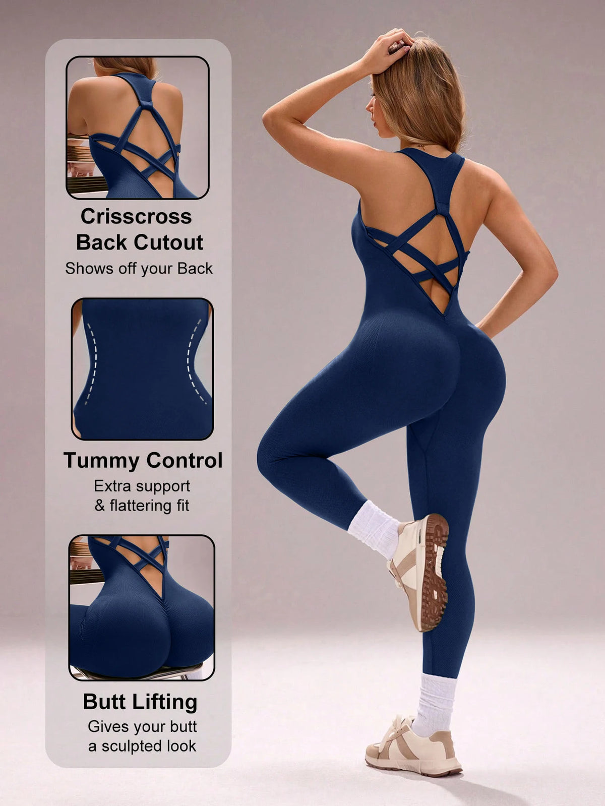 Mono de yoga sin costuras con espalda cruzada y sin manga...