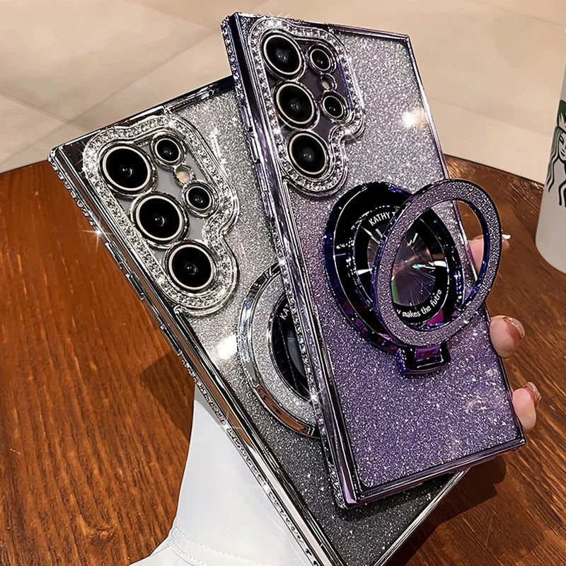 Magnetic glitter and diamond phone case for Samsung, featuring sparkling accents and protective design by Corporación Turística.
