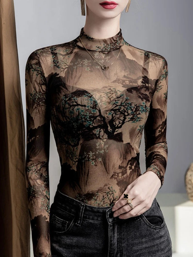 Tops sexis de manga larga con cuello levantado para mujer...