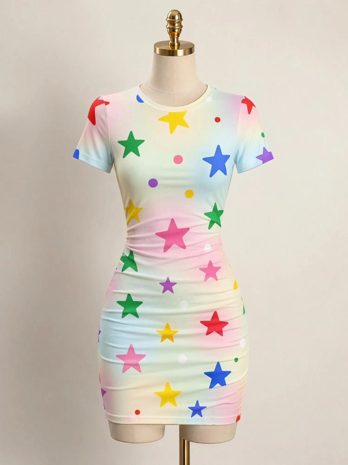 Mini fitted women's dress with short sleeves and a high neckline, featuring a sleek and stylish design by Corporación Turística.