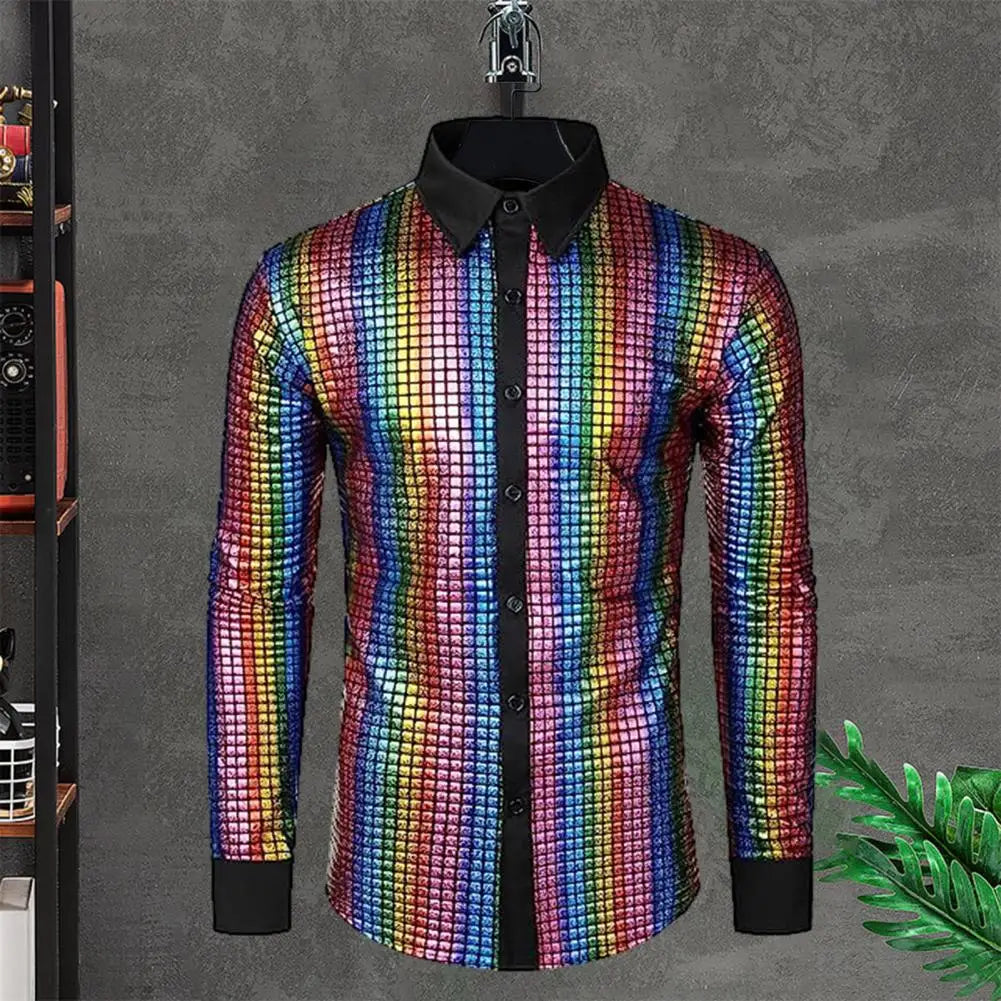 Men's disco shirt with a raised collar, stylish and vibrant, from Corporación Turística, perfect for dance and nightlife occasions.
