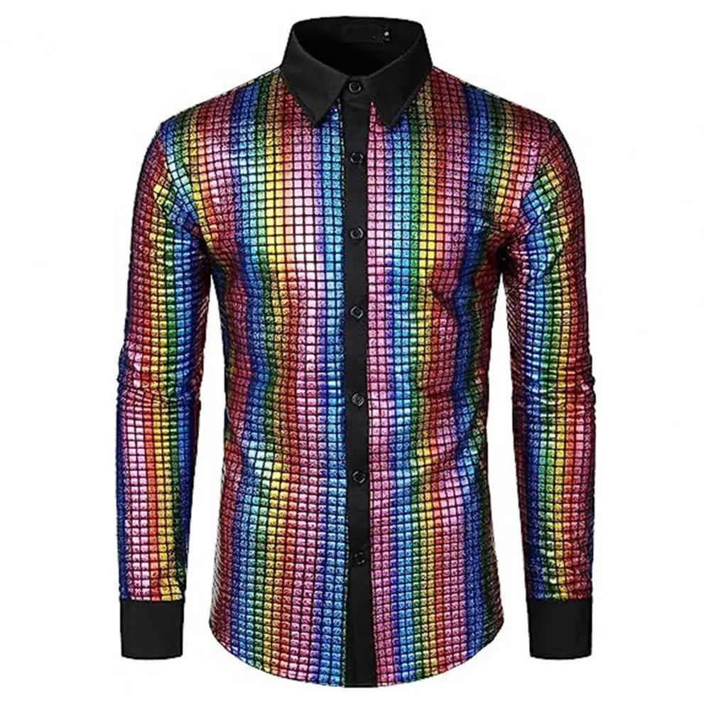 Men's disco shirt with raised collar from Corporación Turística, featuring bold patterns ideal for nightlife and parties.