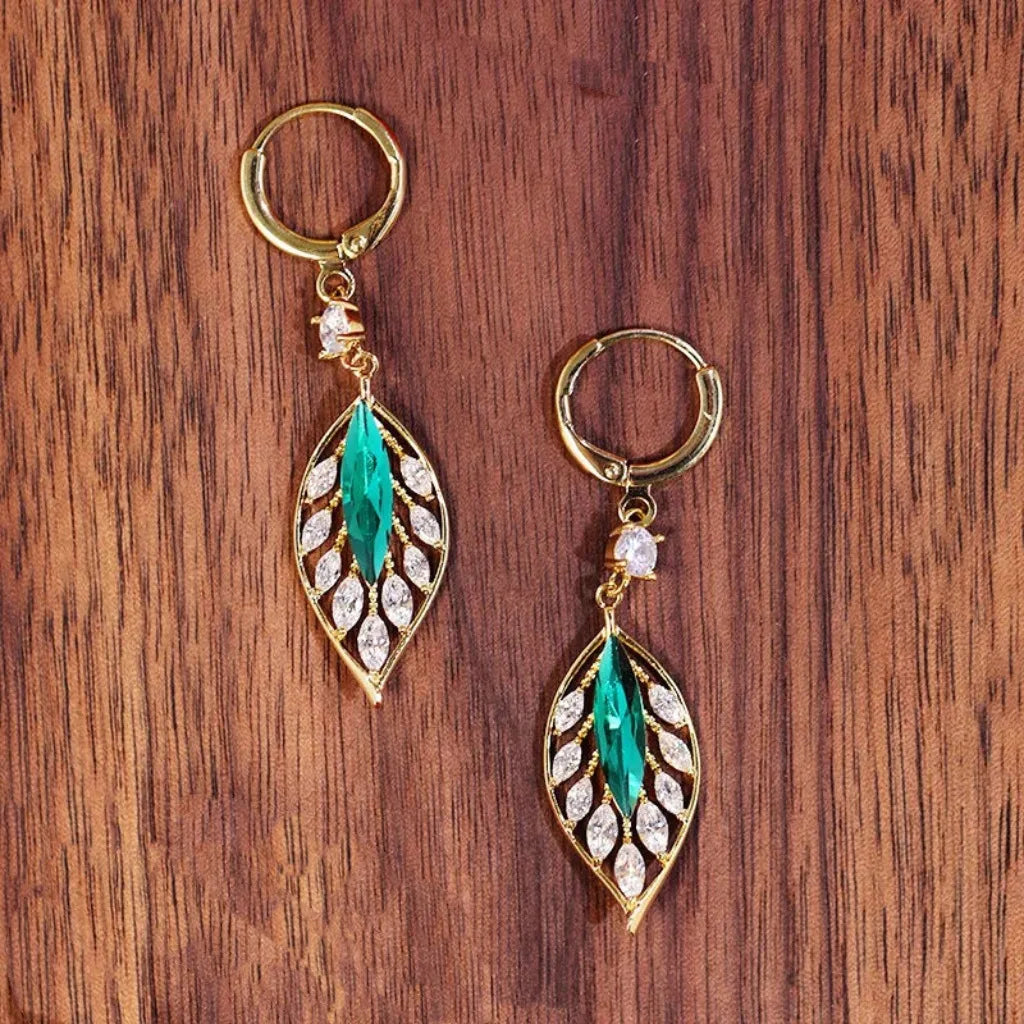 Pendientes colgantes de hoja de circón verde para mujer, ...