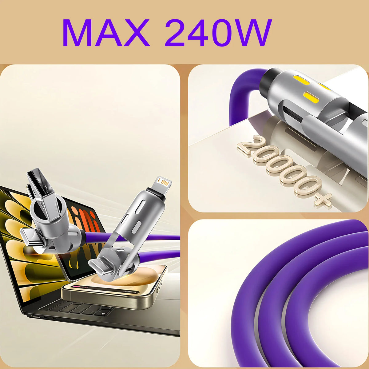 Cable 4 en 1 de 240W USB tipo C a USB C Cable de cargador...