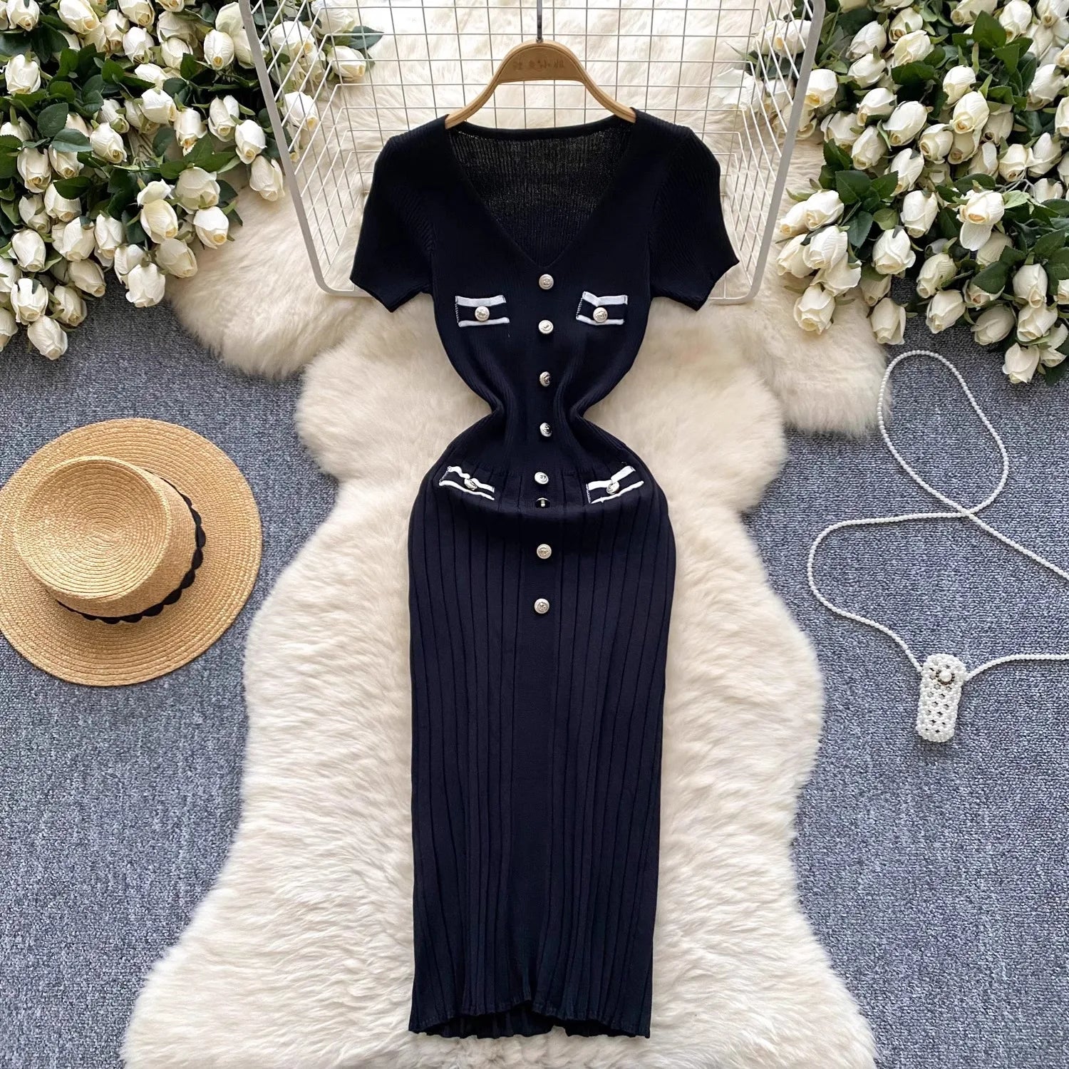 Yuoouoo Vestido de Punto Elástico con Cuello en V y Boton...