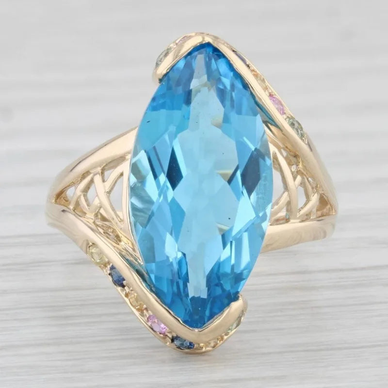 Lujoso anillo de cóctel de BUTTERFLY de topacio azul, ani...