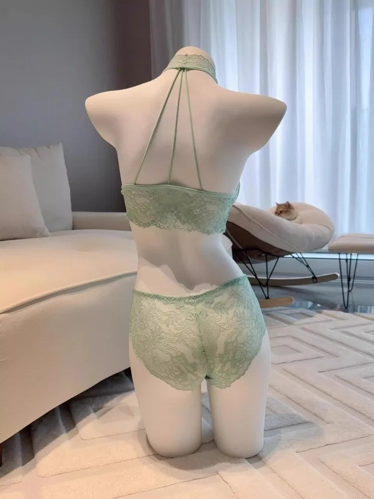Green mint halter neck bra set by YUQI, featuring a stylish design with comfortable fit and adjustable straps.
